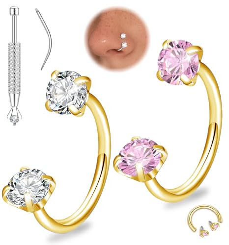 Maynor 2PCS Hufeisen Nasenring Set Damen, Nasenpiercing Ring mit CZ Stein 18G/20G Chirurgenstahl Piercing Schmuck für Nase, Helix, Tragus, Lippe (6–8 mm, Gold/Silber) inkl. Werkzeug