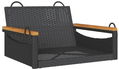 HFXHIJXQ Hängesessel Schwarz 63x62x40 cm aus wetterfestem PE-Rattan mit Akazienholz und Stahlrahmen, platzsparende Schaukelbank für Garten Balkon und Terrasse, UV-beständig bis 110 kg