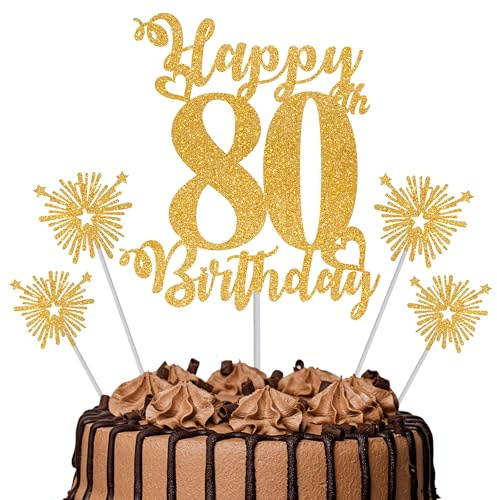 Gold Glitter 80th Birthday Cake Topper Set – 5 Piece Premium Glitter Birthday Decoration & Party Supplies for Men, Women & Kids – 80th Birthday
