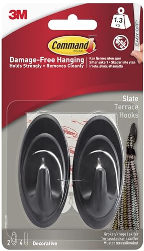 Command Slate Terrace Hooks, Pack of 2 Hooks 4 Medium Adhesive Strips - Damage Free Hanging - Holds up to 1.3kg
