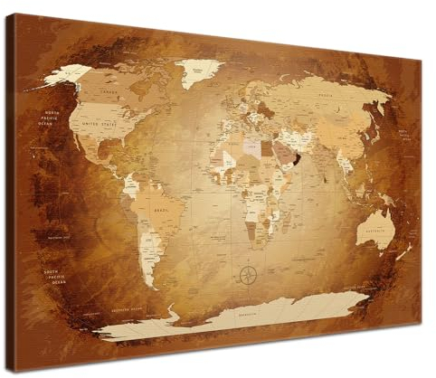 LANA KK Stilvolle Pinnwand Weltkarte - Braun Colorful - Englisch in 120 x 80 cm, stabile Rückwand zum Pinnen inkl. Starterkit - Leinwand-Kunstdruck Wandbild Landkarte XXL