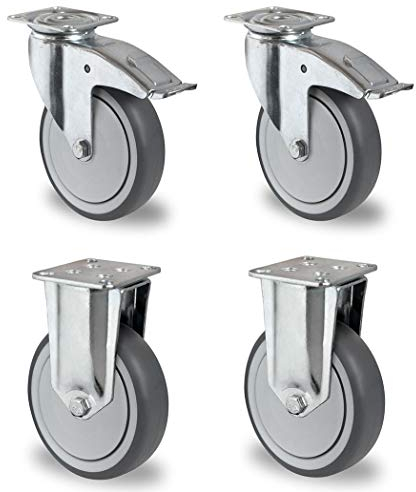 Rollensatz 2 Lenkrollen mit Feststeller + 2 Bockrollen 125 mm Thermoplastisches Gummi Apparaterolle