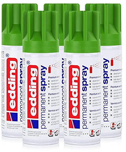 edding Permanent Spray Premium-Acryllack gelbgrün 200ml RAL 6018 – seidenmatt – Sprühlack deckt sofort, trocknet extrem schnell und hält dauerhaft innen & außen, für Glas, Metall uvm. (5er Pack)