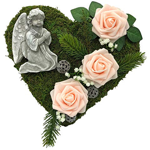 Grabgesteck Grabschmuck Grabaufleger Moosherz Grabherz Trauerherz Grab Herz Gesteck Rosen mit Engel (Rosen Rosa)