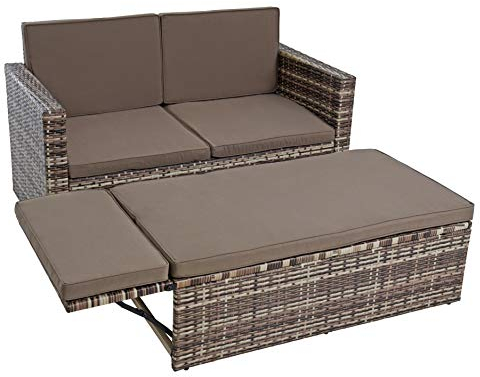 ESTEXO Polyrattan Sitzgruppe Essgruppe Gartenmöbel Set Gartensofa Rattan Sofa mit Hocker ausklappbar Sofa-Set Rattan-Couch Sitzgruppe Lounge Set Ottomane (Beige-Braun)