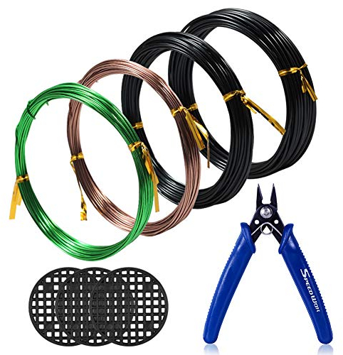 SPEEDWOX Bonsai-Werkzeug-Set 4 Rollen mit 3 Größen 1 mm 1,5 mm 2 mm Aluminiumdraht insgesamt 300m Bonsai-Drahtschneider 3 Stück rund Blumentopf-Loch Netz-Pad Baum-Traning Kit Bonsai-Draht-Set
