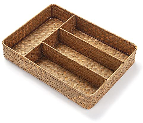 DECRAFTS Cestos Almacenaje Seagrass Bandeja de Cubiertos Caja Mimbre Rectangular con Compartimentos Decorativas para Organizar