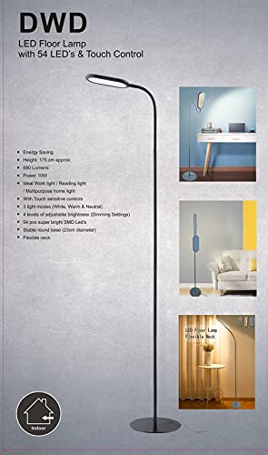 AuraHome DWD® 54 Energy Saving LED Super Bright SMD Floor Standing Lamp with Touch Function 3 Light Modes Reading Work Lamp Flexible Neck Touch Sensitive Controls Power 10w Black