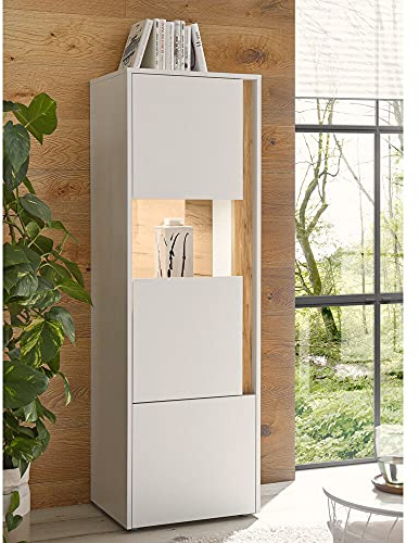 Lomadox Vitrinenschrank inkl. LED-Beleuchtung in weiß mit Absetzungen in Wotan Eiche Nb., B/H/T: ca. 50/155/40 cm