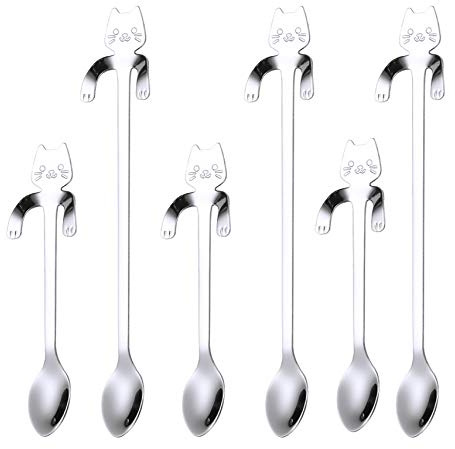 Kattsked kaffe tesked, PBIEHSR rostfritt stål hängande kopp tesked två olika längder dessertskopa för omrörning dryck blandning milkshake sylt, set med 6 (silver)