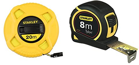 Stanley mètre Ruban 20 m x 12,7 mm en Fibre de Verre 40 Brins - Précision Classe III - Graduation Tous les 2mm & Mètre Tylon Bi matière 8m x 25mm - Ruban Anti-Corrosion - Boitier Bi-matière