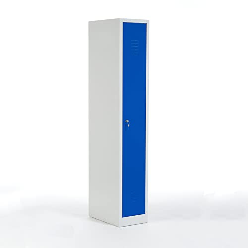 Schrank & Stuhl Spind – Metallspind mit einem Abteil in 180 x 31,5 x 50 cm, Schließfachschrank mit Hutboden & Zylinderschloss, Lieferung komplett montiert, Grau/Blau