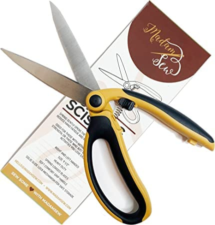 Madam Sew Spring Loaded Scissors | Premium 9.5 Fabric Shears with Precision Blades, Slide Lock, and Anti-Slip Grips | Ideal for Right or Left Hand Sewing | Heavy-Duty All-Purpose Craft Scissors