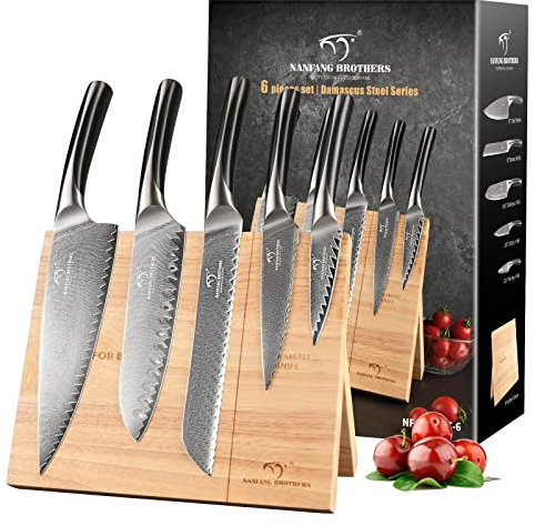 NANFANG BROTHERS Damastmesser Set mit Magnet- Block, 6-Teilig Japanisches Messer Set- VG10-Küchenmesser-Set mit Holz-Magnet-Messerhalterblock Profi Kochmesser mit scharfen Klingen