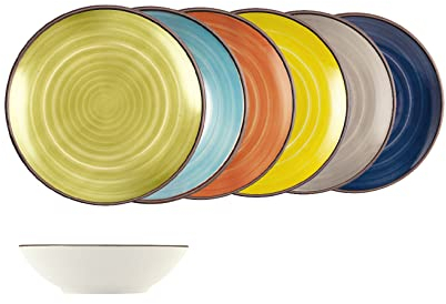 H&H Caribe Set 12 Piatti Fondi in Stoneware, 20,5cm, Colori Assortiti, Tavola Colorata, 2899602