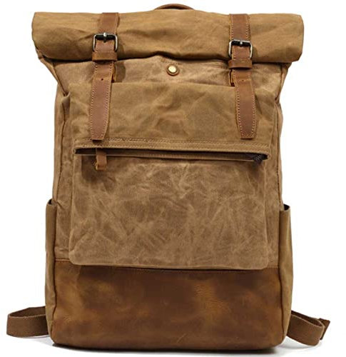 Vintage Rucksack, Leder Rucksack für Herren, gewachster Canvas Schulterrucksack für Reisen Schule Rucksack Freizeit Outdoor Bergsteigen Tasche khaki
