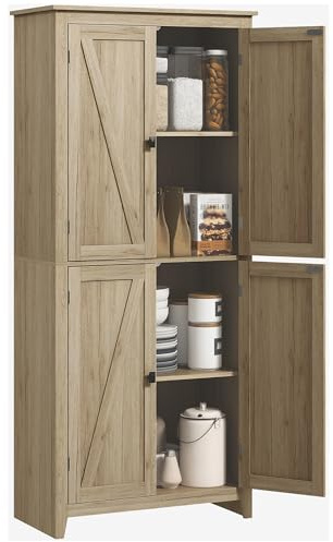 HOMCOM Credenza Moderna a 4 Ante con Mensole Regolabili e Base Rialzata, Mobile Cucina in Legno, 80x40x182 cm, Color Legno