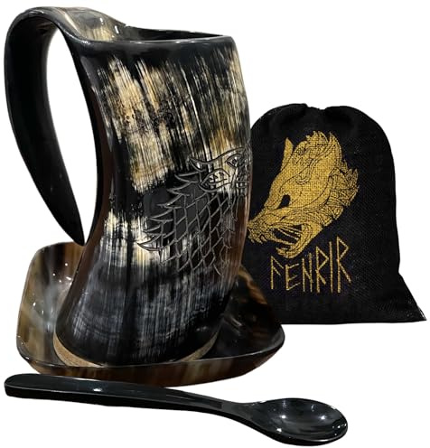 Fenrir - Hot and Cold Coffee Horn Mug with Spoon and Plate, 3 Piece Set, Real Horn (Coffee Color) Natural Organic Shine - 414 ml (14 fl oz)