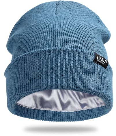 Satinfodrad vintermössa hattar för kvinnor unisex bomull stickad stickad manschett stickad mössa med silkeslent foder slouchy skalle keps, BLÅ, One Size