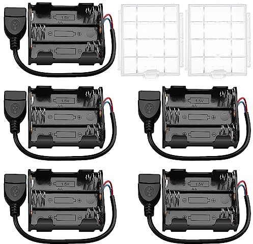 5 Pièces 6x 1.5V AA Supports de Piles, KUOQIY 9V Double Face Boîte de Batterie, AA Support de Batterie avec Prise Femelle USB, avec Boîte à Piles en Plastique