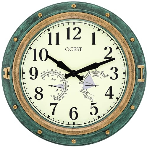 OCEST 16 Inch Garden Clocks Outdoor Waterproof, Large Thermometer, Hygrometer, Retro Design, Non-Ticking Battery Operated Decor for Home Decor Patio (Green)