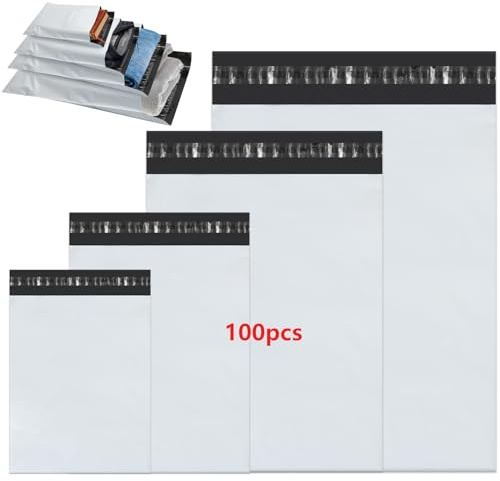 Buste di plastica per spedizione, 100 pezzi, 4 taglie assortite, buste bianche per spedizione, adesive auto-sigillanti, sacchetti da imballaggio, resistenti all’acqua e agli strappi, pacchi (misto)