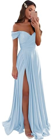 GODCUN Robes de demoiselle d'honneur en satin longues avec col en V et fronces, épaules dénudées, robes de bal formelles pour femmes, bleu ciel, 40