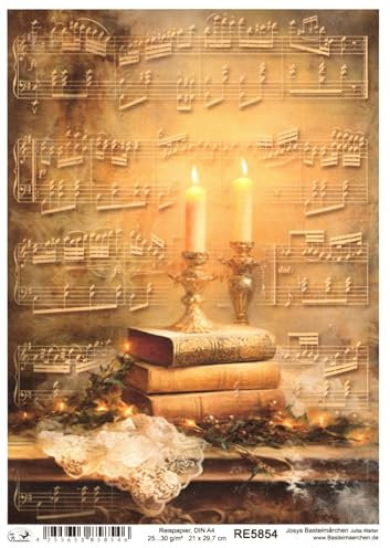 Josys Bastelmärchen Reispapier A4 Strohseide Weihnachten Vintage Buch Gold Kerze Musik Noten RE5854