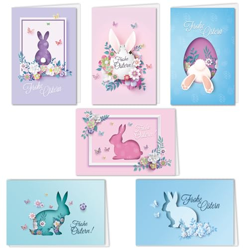 Osterkarten mit Umschlag 12er-Set, aufklappbar Frohe Ostern Grußkarten, Klappkarten mit niedlichem Hasen und Ostereiern, Happy Easter Osterkarten Bastelset