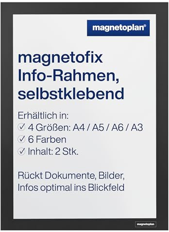 magnetoplan magnetofix Info-Rahmen selbstklebend, 2 Stk., Schwarz | A4 | Selbstklebender Magnet Bilderrahmen für Aushänge, Bilder und Dokumente