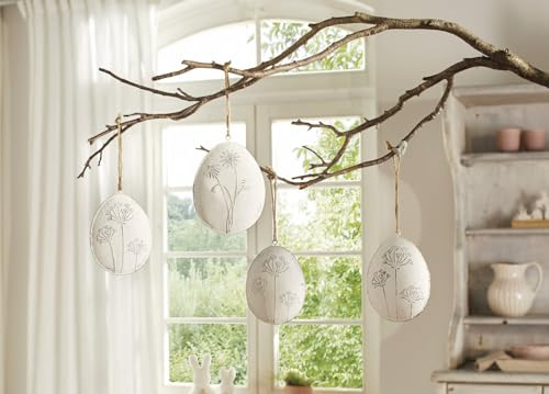 4X Dekohänger Shabby Egg Ostereier aus Metall, weiß, mit Blüten bemalt, Osterdeko, Ei, Hängedeko