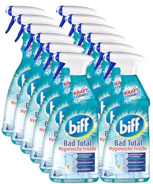 Biff Bad Total Hygienische Frische Badreiniger (12x 750 ml), Bad Reiniger gegen Kalk & Schmutz, Sprühflasche, Kalkentferner für alle Oberflächen und hygienische Sauberkeit im ganzen Bad