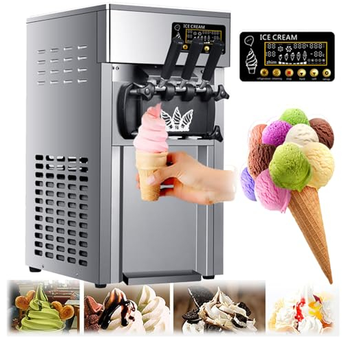 Commercial Soft Ice Cream Maker Machine, 1200W Professional Slushy Ice Cream Machine with LED Display, 3 Flavors| Output: 16~18L/H | Basin Capacity: 3L*2 | Shortage Alert