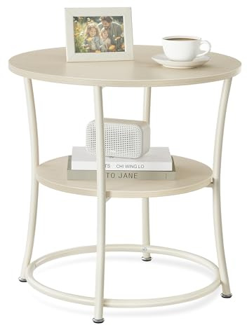 VASAGLE Beistelltisch rund, 2-stufiger Couchtisch, Stahlrahmen | Konsolentisch, für kleine Räume, Wohnzimmer, Schlafzimmer, naturbeige-cremeweiß, BAMPU Kollektion LET056N01