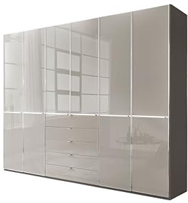 WIEMANN Drehtürenschrank mit 5 Schubkästen hochwertiger Kleiderschrank Schlafzimmerschrank 300cm breit, mit Schubladen, Glas Kieselgrau, Höhe 236cm, Shanghai