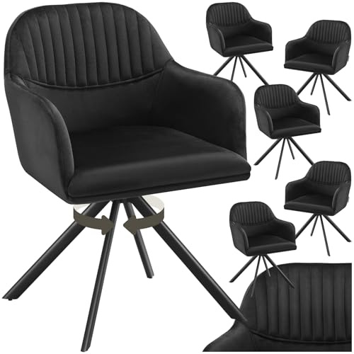 tectake® 6 x Esszimmerstuhl drehbar, Armlehnstuhl drehbar, ergonomischer Stuhl Samt, Stühle für Esszimmer, Möbel für Wohnzimmer, Arbeitszimmer, Esstisch, Schminktisch - 6er Set - schwarz/schwarz