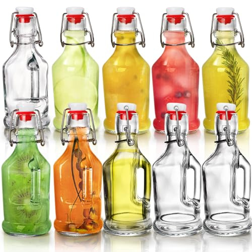 Tebery Confezione da 10 bottiglie in vetro trasparente con tappo ermetico, 250 ml, per birra, kombucha, con tappo ermetico, bottiglia per fermentazione con tappo ribaltabile, con manico, per succhi,