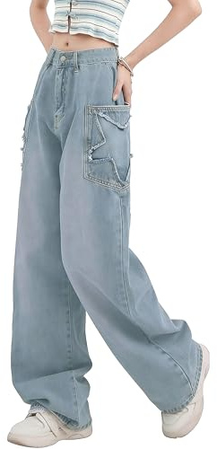 DINGJIUYAN Wide Leg Star Jeans Women Y2k Low Rise Grunge Baggy Jeans with Pockets Teen Girls Denim Pants Streetwear Blue XXL