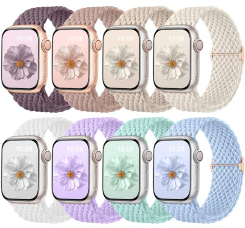 Oielai 8-pack flätad rem kompatibel med Apple Watch-remmar 40-49 mm för kvinnor män, justerbart elastiskt Solo Loop Band för iWatch serie 1-10