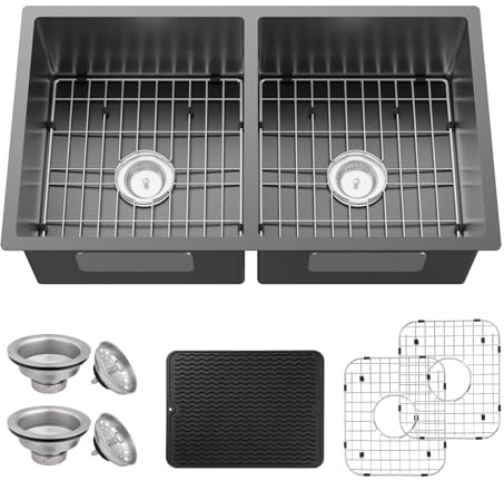 Black Kitchen Sink, 50/50 Double Bowl 33x19x8 Inch Undermount Stainless Steel Drop In Large Kitchen Sink Combo-Stainless Grid, Silicon Mat, Installation Clips For Modern SS Stylish Kitchen&Bar