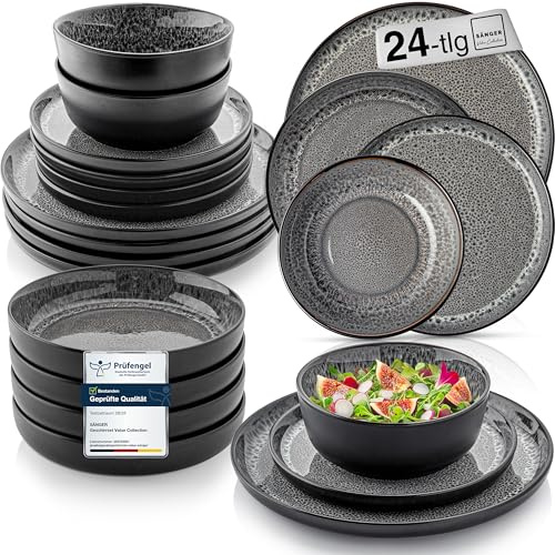 SÄNGER Sydney Tafelservice 24 teilig, Steingut Geschirr Set 6 Personen | 6x Teller Set 6x Frühstücksteller 6x Tiefe Teller 6x Pastaschalen Geschirrset und Schale dunkel grau