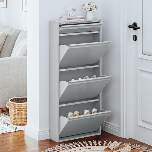 VEEHAUS Schuhkipper Metall schmal, 3+1 Klappen Wandmontage Grau | 3+1 Klappen mit magnetischem Deckel, Robustes Metall, platzsparend, Wandmontage innen/außen, Inkl. Montagematerial