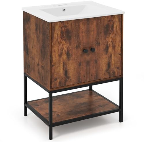 RELAX4LIFE Mobile Sottolavabo per Bagno, Mobiletto da Bagno con Armadietto a 2 Ante e Ripiano Aperto, Lavandino in Ceramica, Stile Vintage, 61 x 46,5 x 87 cm