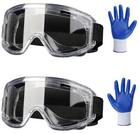 CLKE 2 gafas de seguridad transparentes, con un par de guantes, gafas de protección ocular, lentes antivaho y antiarañazos, resistentes a los impactos, para bricolaje, química, laboratorio