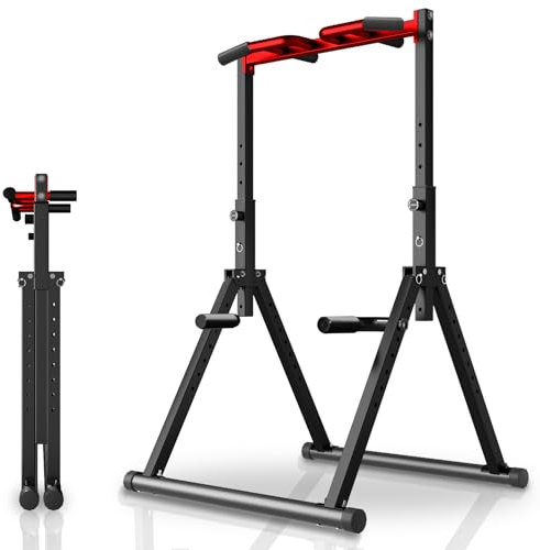 WATBKHE Power Tower Dip Station Faltbar, Klimmzugstange Freistehend Pull Up Bar Verstellbar, Multifunktions Home Gym Trainingsgerät, Krafttraining Fitnessgeräte (Schwarz, Rot- Multifunktional)