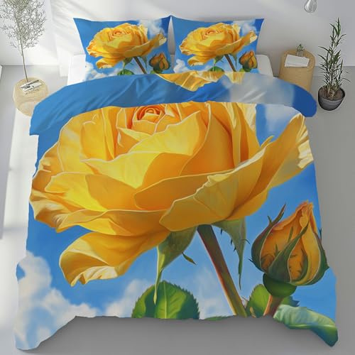 Meugesoi Gelb Rose Bettbezug 135x200 cm mit 2 Kissenbezüge 80x80 cm, Pflanzen Blumen Bettwäsche 3-Teilig mit Reißverschluss Bügelfrei, Bettwäsche Set Mikrofaser Weich