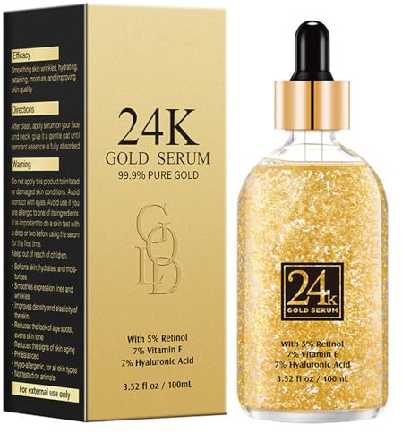Siero d'oro 24 carati con retinolo, vitamina E, acido ialuronico, siero viso per riparazione, umidificazione profonda, oro puro al 99,9%, siero anti-invecchiamento per il viso, adatto a tutti i tipi