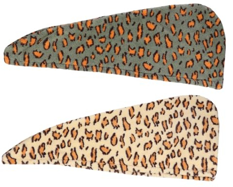 2 Stück Damen Haartrockenhaube mit Leopardenmuster aus Polyester | Mikrofaser Qualität, Saugstarkes Design zum Schnellen Trocknen, Beige und Grün Je 1 Stück