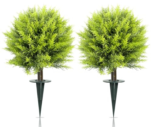 GOVIRAYE 24Inch Artificial Cypress Topiary Balls Trees 2-Pack Realistic Weatherproof Faux Plants with ground Spike Fake Shrubs for Outdoor Courtyards Front Door & Porch Displays garden decoration
