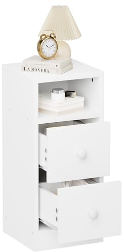 TactFire Nachttisch, Kommode mit 2 Schubladen, Konsolentisch Schmal mit 1 offenem Fach, Nachtschrank Boxspringbett Weiß 25 x 30 x 60 cm (1, Weiß)